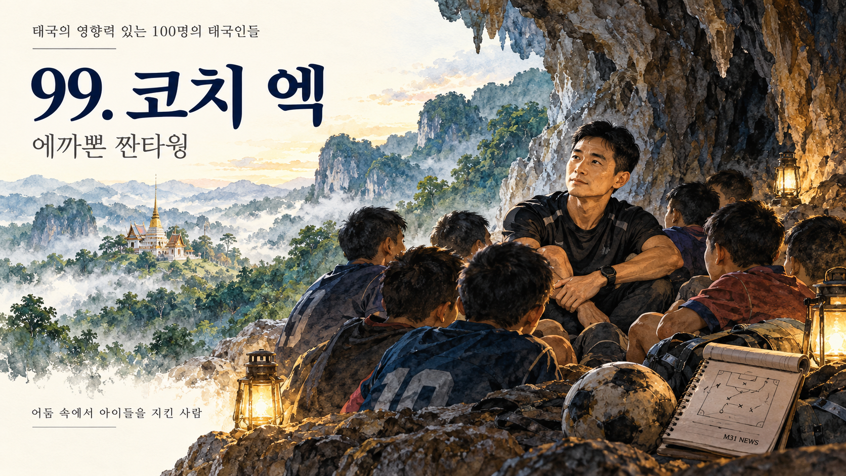 동굴 안에서 어린 축구선수들을 돌보는 코치를 상징적으로 표현한 일러스트