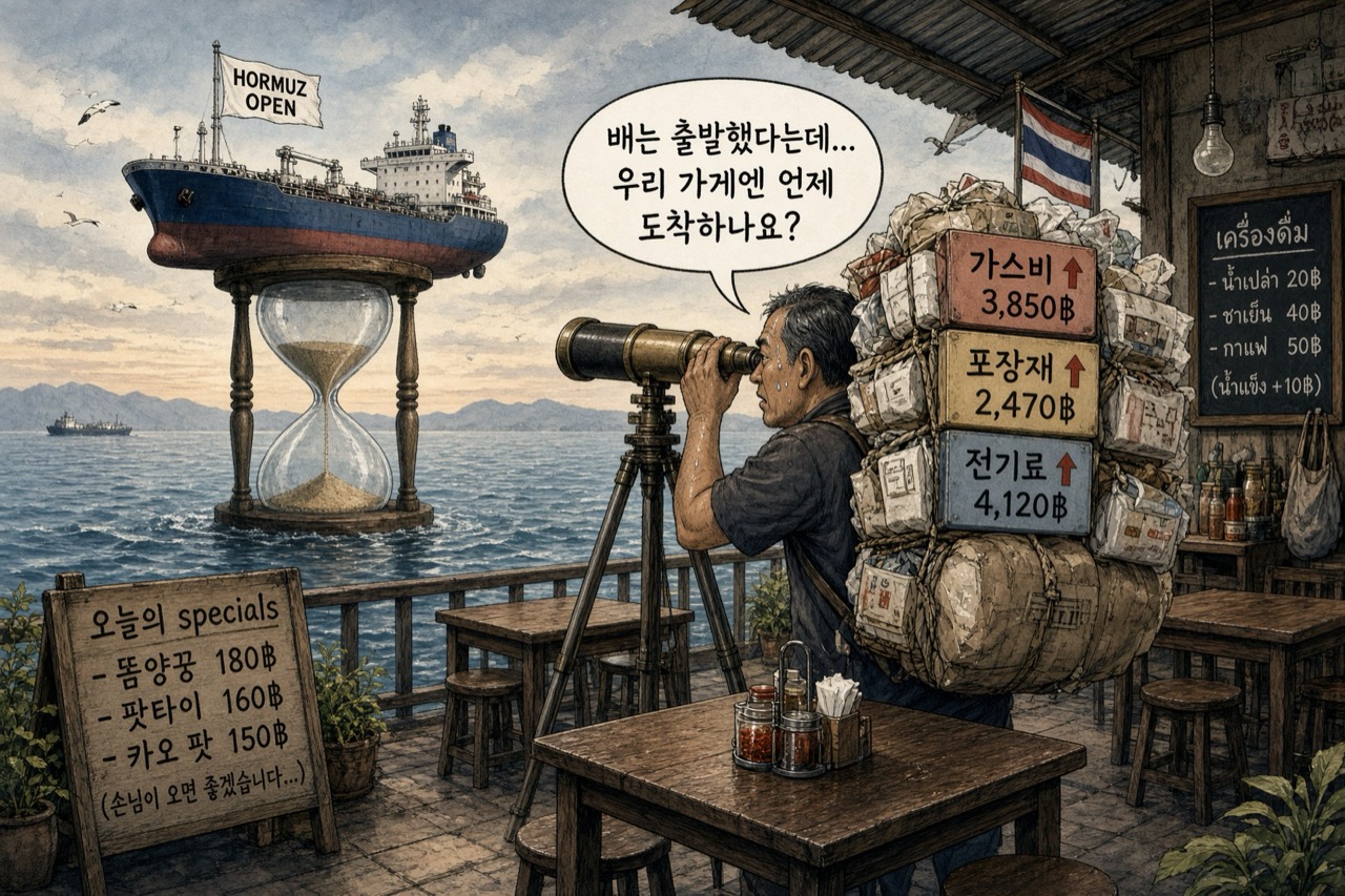 모래시계 위 유조선과 가스비·포장재·전기료 짐을 진 태국 가게 주인의 만평
